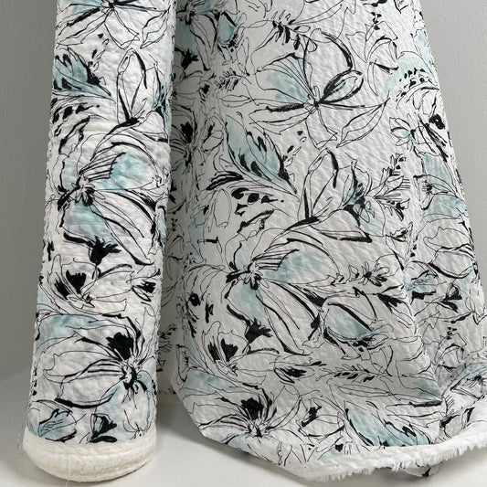 Printed Lawn Shrink Finish - Miracle Wave - Oeko-Tex®  - Japanese Import - Abstract Floral I - Black / Seafoam / White