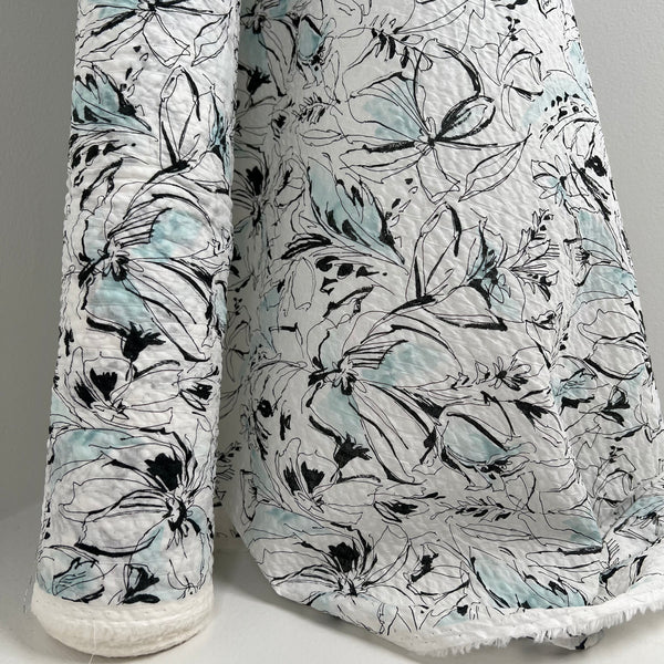 Printed Lawn Shrink Finish - Miracle Wave - Oeko-Tex®  - Japanese Import - Abstract Floral I - Black / Seafoam / White