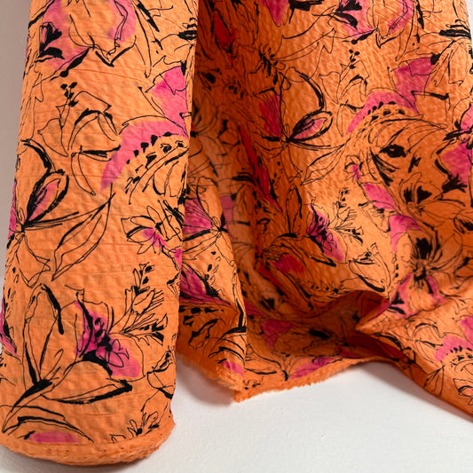 Printed Lawn Shrink Finish - Miracle Wave - Oeko-Tex®  - Japanese Import - Abstract Floral I - Orange / Fuchsia / Black