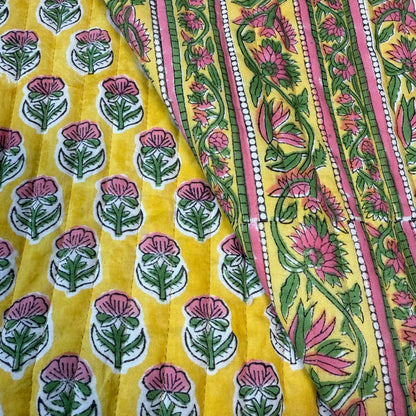 Petal Path Pink + Floral Sunshine Buti - Quilted Bagru Indian Cotton Block Print (Reversible)