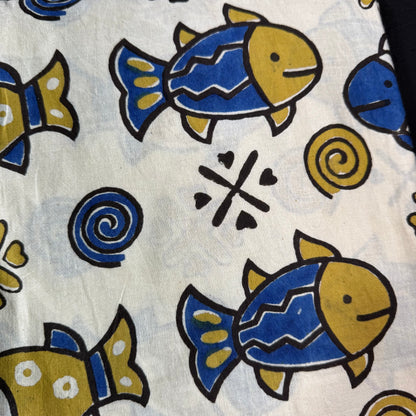 Indigo Fish Dance - Bagru Indian Cotton Block Print