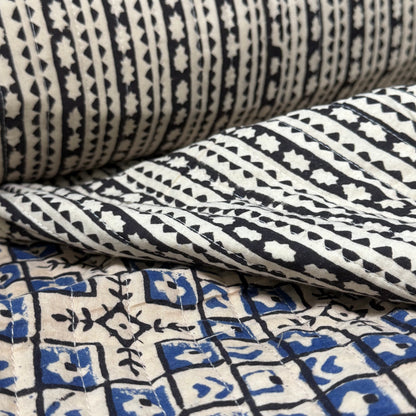 Indigo Mosaic + Ebony Echo - Quilted Bagru Indian Cotton Block Print (Reversible)