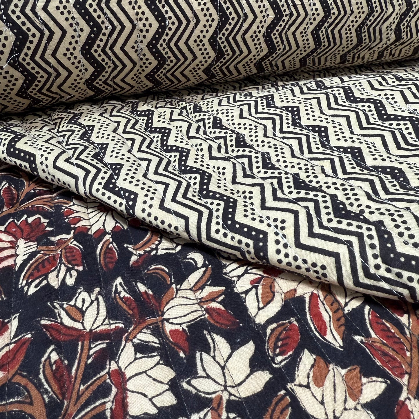 River Current + Clay Flower - Quilted Bagru Indian Cotton Block Print (Reversible)