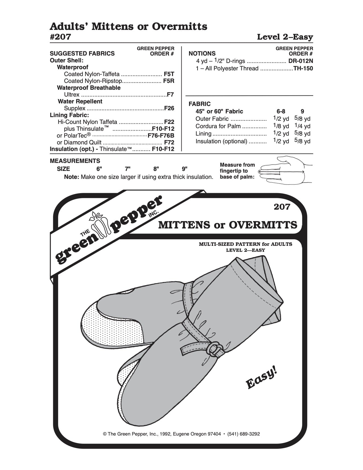 Adult Overmitts or Insulated Mittens Pattern - 207 - The Green Pepper Patterns - Simplifi Fabric