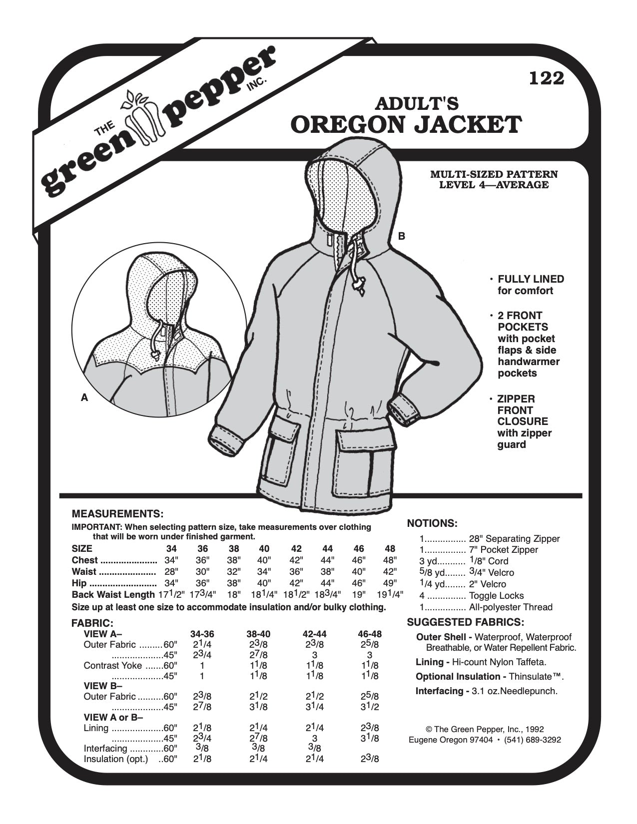 Adult’s Oregon Jacket Pattern - 122 - The Green Pepper Patterns - Simplifi Fabric