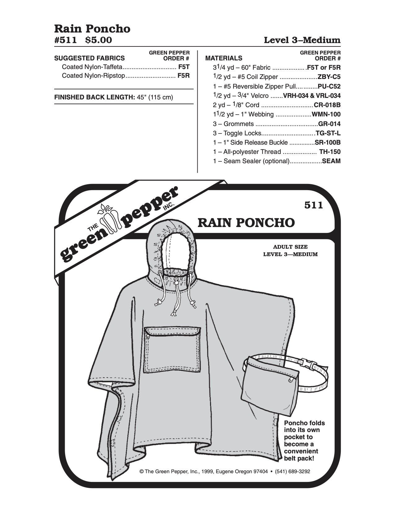 Adult’s Rain Poncho Pattern - 511 - The Green Pepper Patterns - Simplifi Fabric