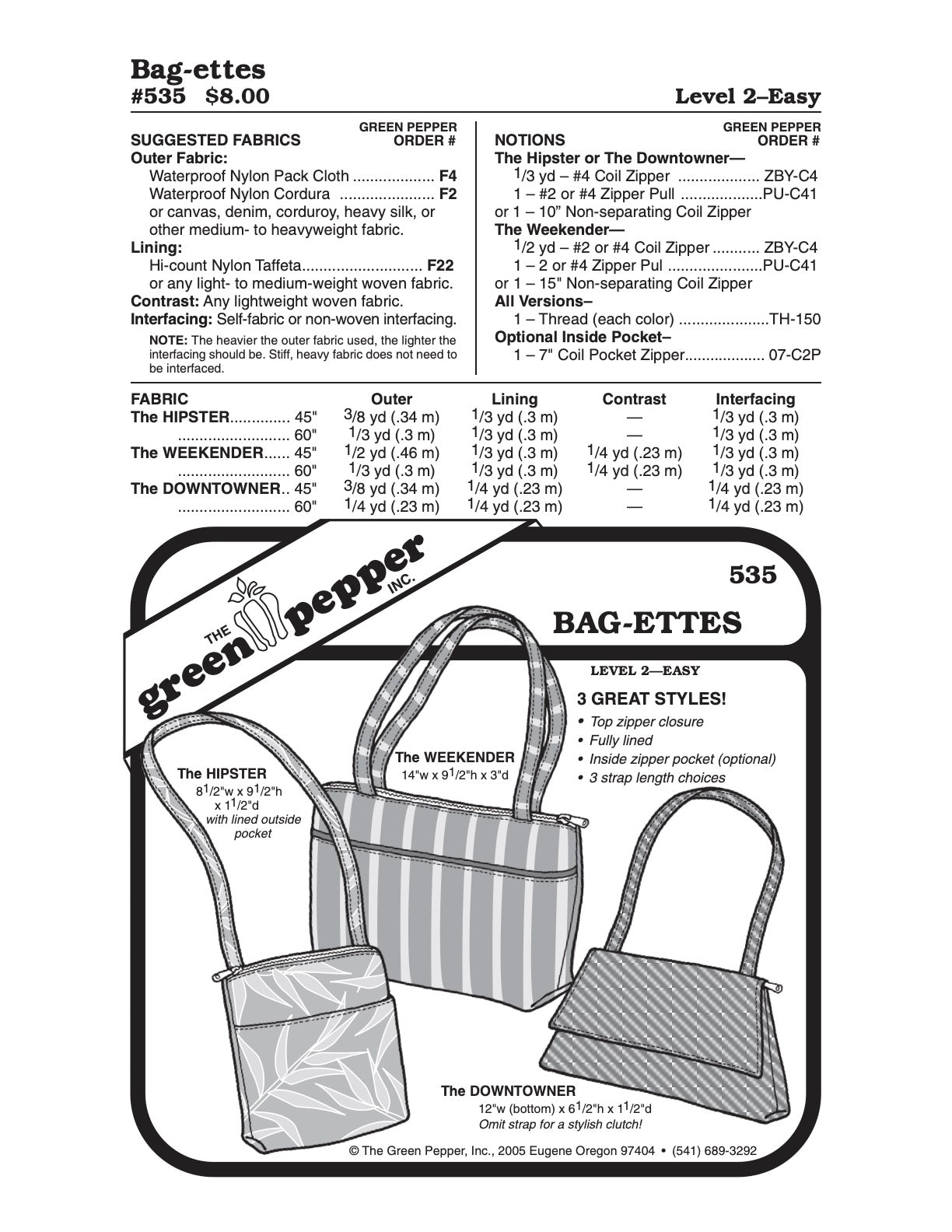 Bag - ettes Pattern - 535 - The Green Pepper Patterns - Simplifi Fabric