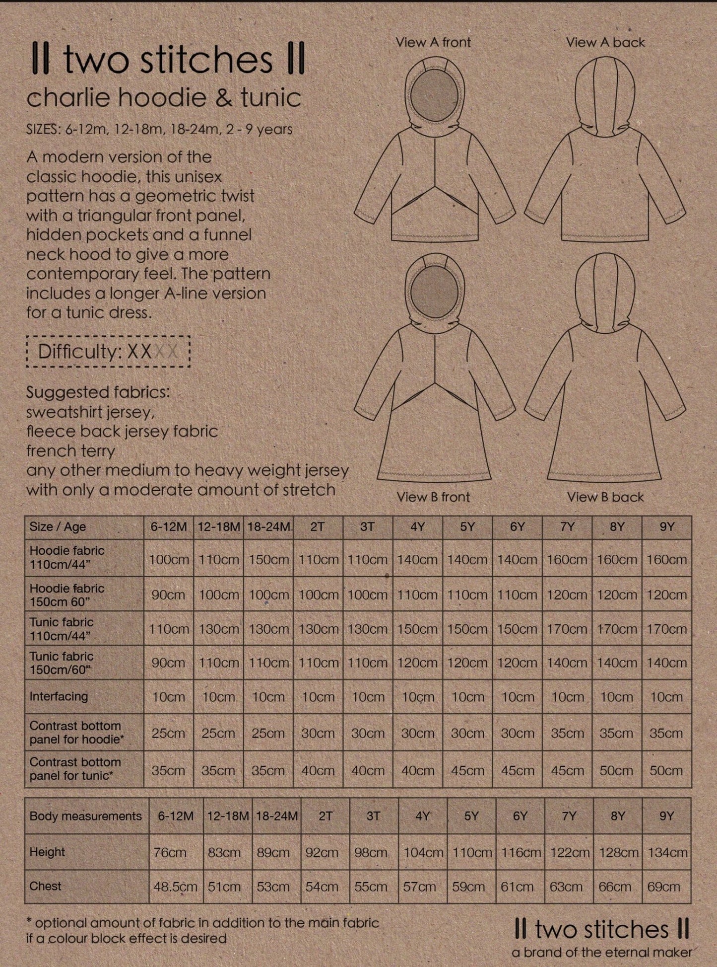 Charlie Hoodie & Tunic - Kids Paper Sewing Pattern - Two Stitches Patterns - Simplifi Fabric