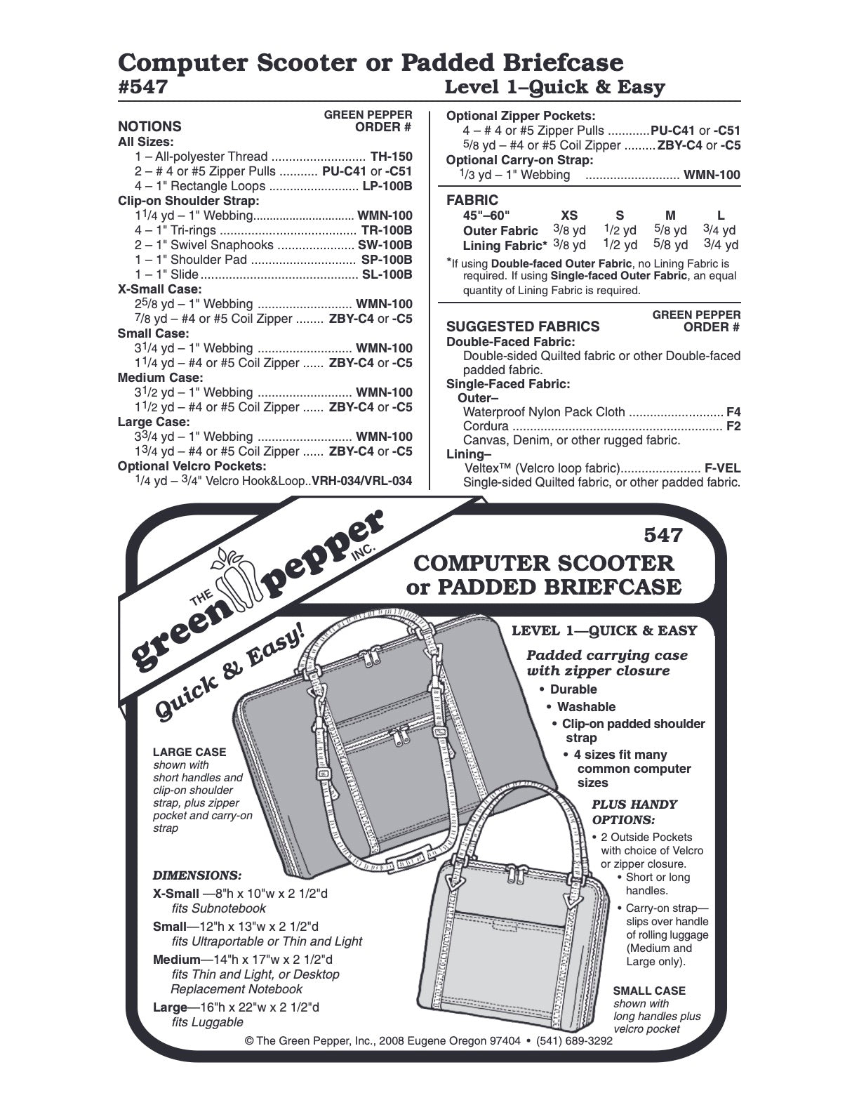 Computer Scooter or Padded Briefcase - 547 - The Green Pepper Patterns - Simplifi Fabric