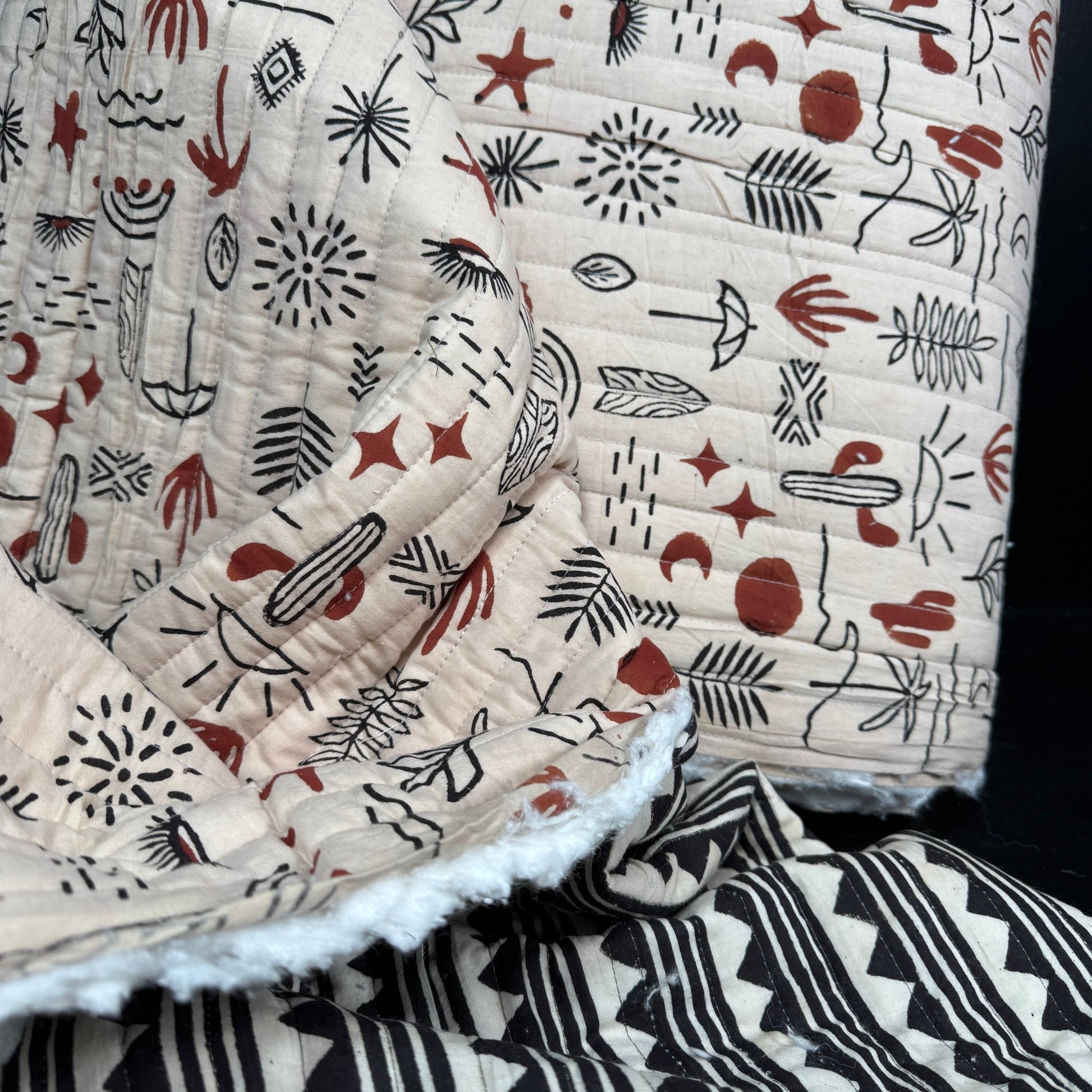 Desert Doodle + Geo Ridge Stripe - Quilted Bagru Indian Cotton Block Print (Reversible) - Simplifi Fabric