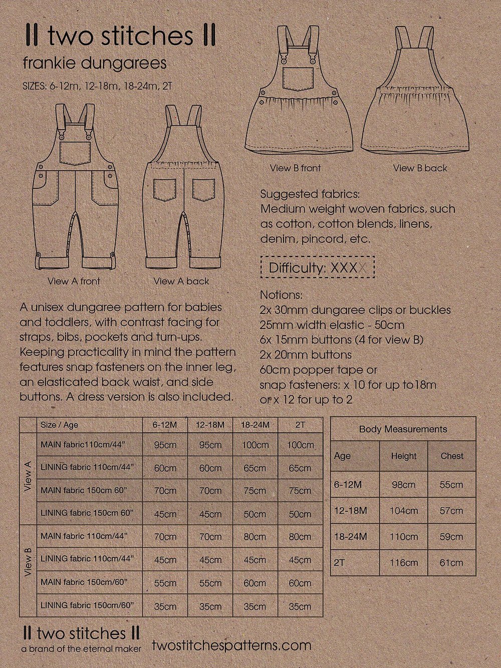 Frankie Dungarees & Dress (6mo - 2years) - Kids Paper Sewing Pattern - Two Stitches Patterns - Simplifi Fabric