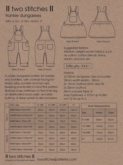 Frankie Dungarees & Dress (6mo - 2years) - Kids Paper Sewing Pattern - Two Stitches Patterns - Simplifi Fabric