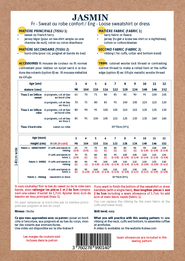 Jasmin Sweatshirt & Dress Sewing Pattern - Kids 3/12Y - Ikatee - Simplifi Fabric