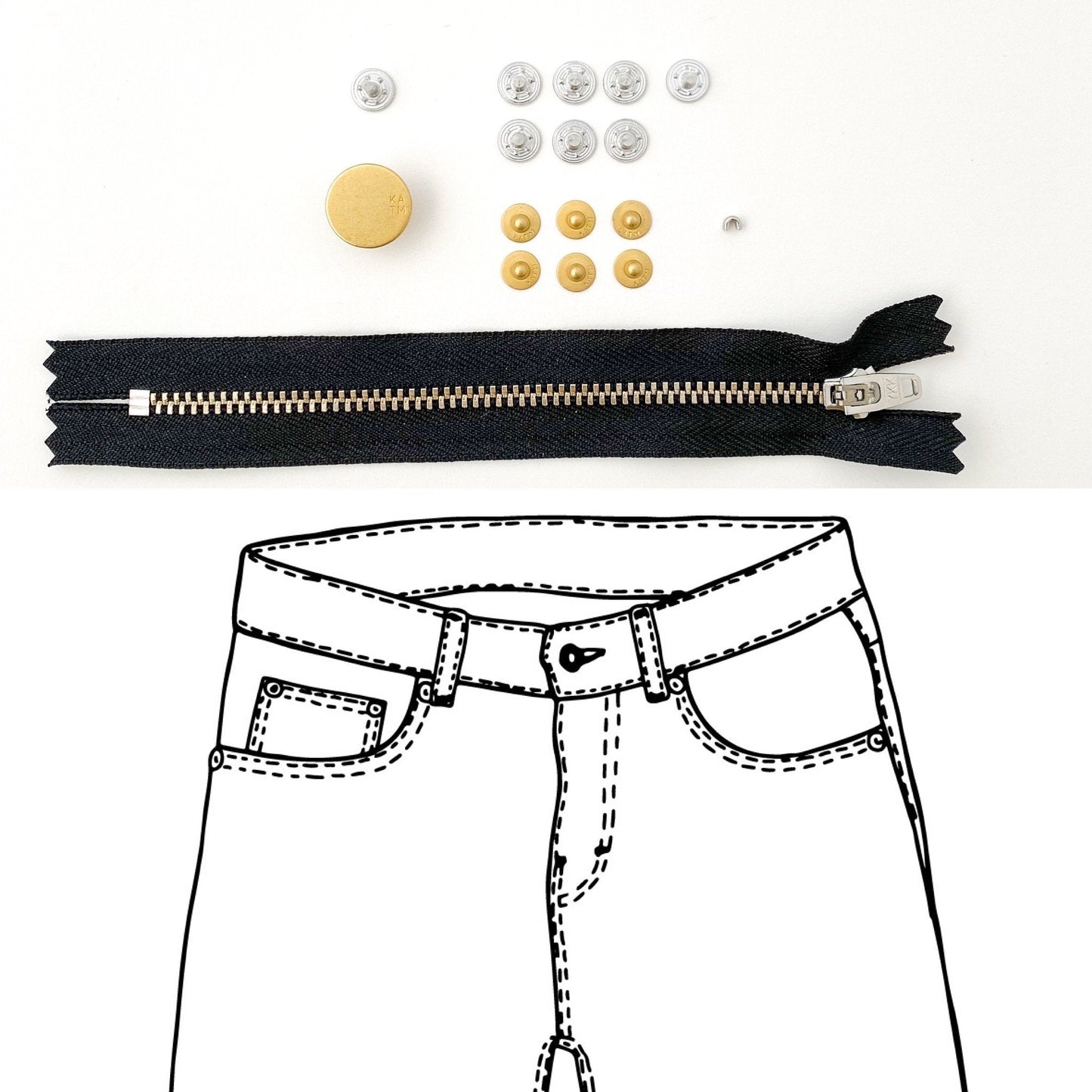 Jeans Hardware Kit - REFILL KIT - Black Zipper / Gold Hardware - Kylie And The Machine - Simplifi Fabric