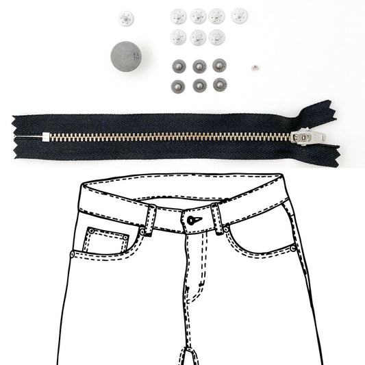 Jeans Hardware Kit - REFILL KIT - Black Zipper / Pewter Hardware - Kylie And The Machine - Simplifi Fabric