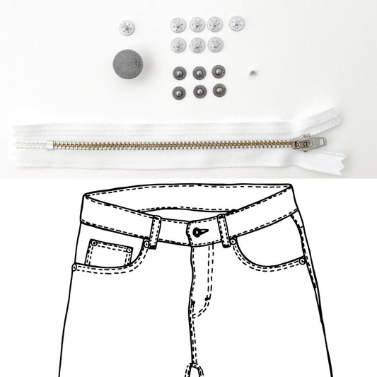 Jeans Hardware Kit - REFILL KIT - White Zipper / Pewter Hardware - Kylie And The Machine - Simplifi Fabric