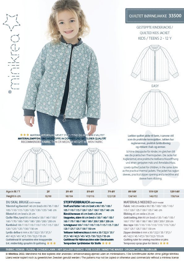 Kids Quilted Jacket - Minikrea - Pattern - 2 - 12 Years - Simplifi Fabric