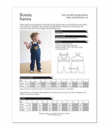 Lion Overalls Childrens Sewing Pattern - Fiona Hanna - Simplifi Fabric