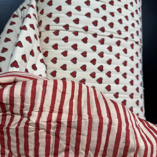 Little Loves + Clay Stripe - Quilted Bagru Indian Cotton Block Print (Reversible) - Simplifi Fabric