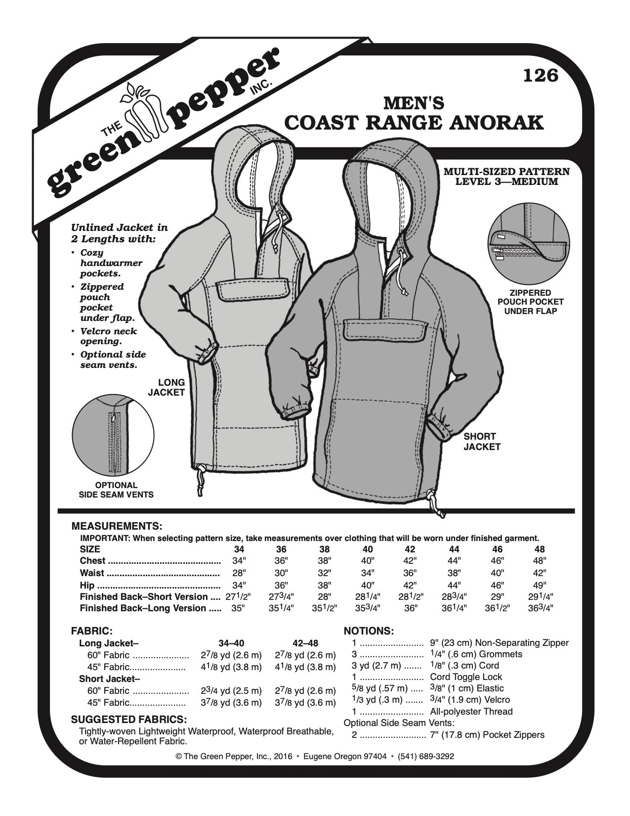 Men’s Coast Range Anorak Pattern - 126 - The Green Pepper Patterns - Simplifi Fabric