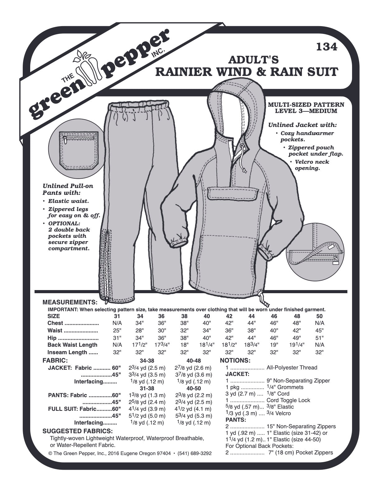 Mens’s Rainier Wind & Rain Suit Pattern - 134 - The Green Pepper Patterns - Simplifi Fabric