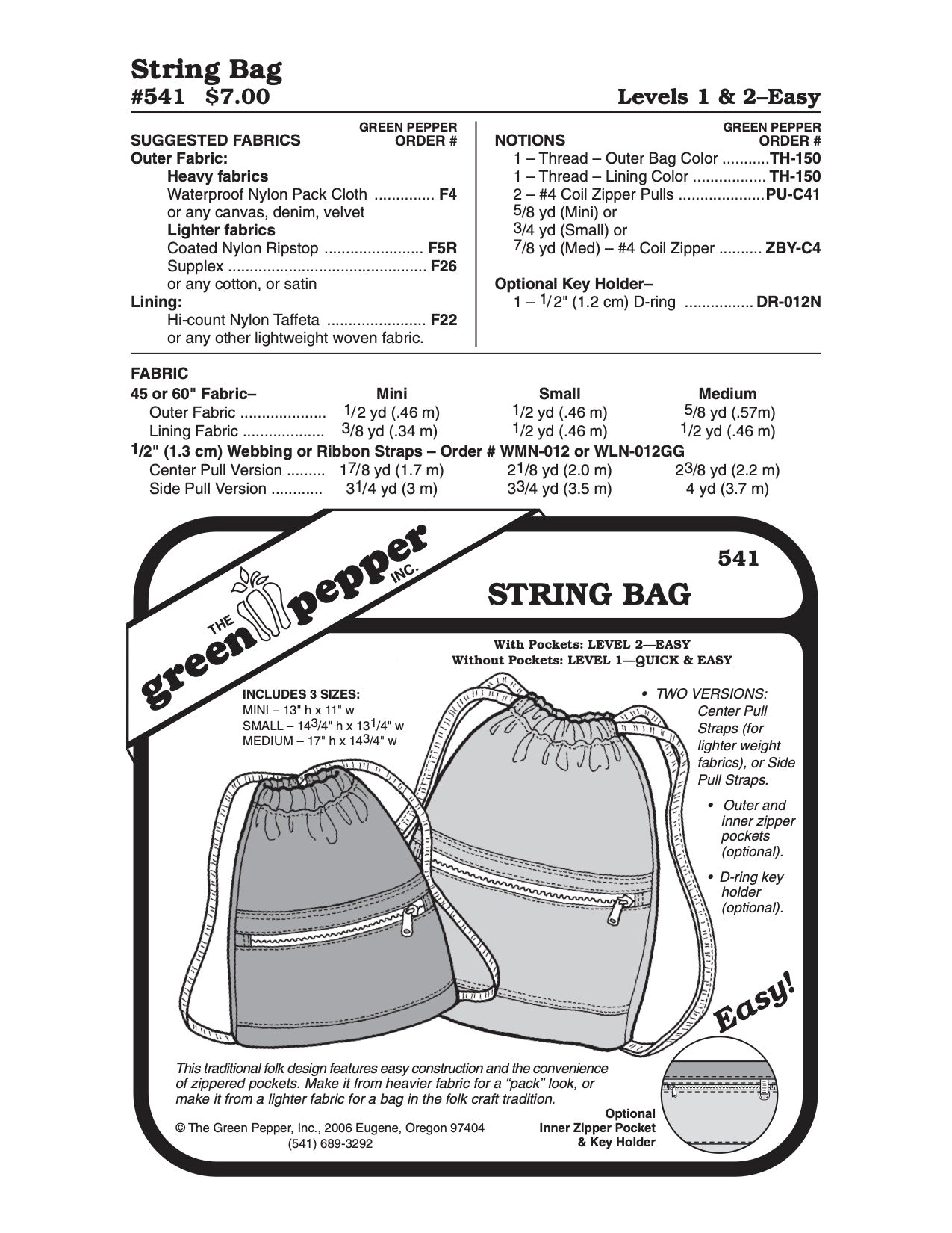 String Bag Pattern - 541 - The Green Pepper Patterns - Simplifi Fabric