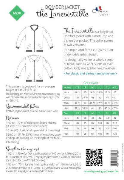 The Irresistible - Bomber Jacket - Mens Sewing Pattern - Patrons Les BG - Simplifi Fabric