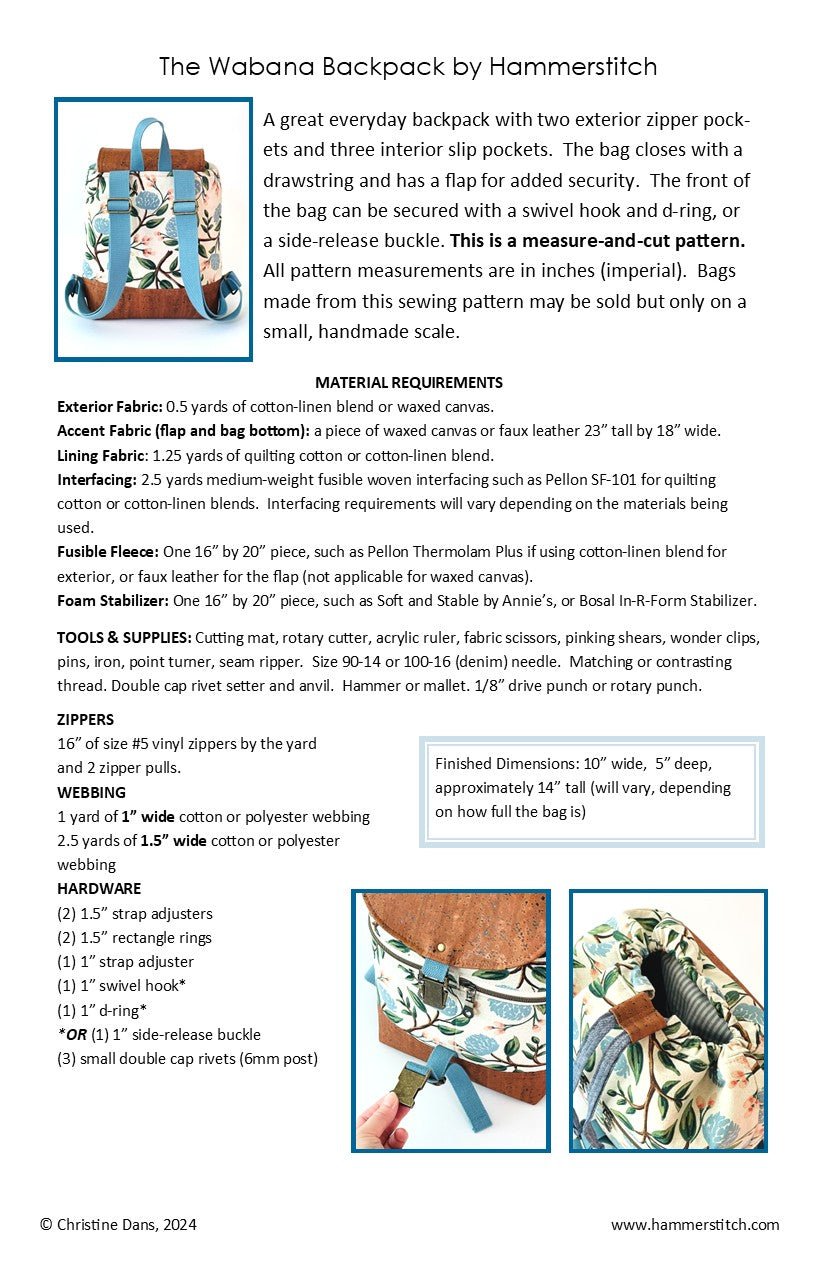 The Wabana Backpack - Paper Pattern - Hammerstitch - Simplifi Fabric
