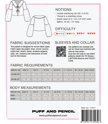 Tie Blouse + Peggy Collar + Lantern Sleeves - Paper Sewing Pattern - Puff And Pencil - Simplifi Fabric