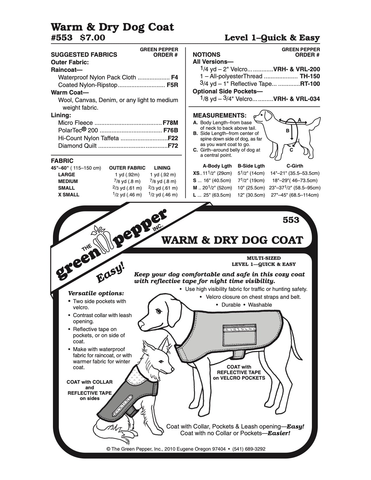 Warm & Dry Dog Coat Pattern - 553 - The Green Pepper Patterns - Simplifi Fabric