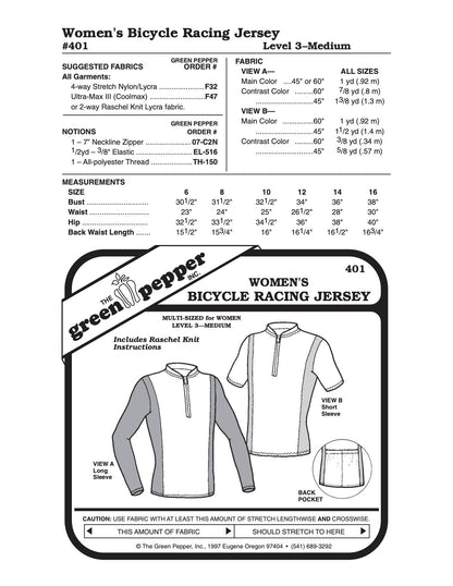 Women’s Bicycle Racing Jersey Pattern - 401 - The Green Pepper Patterns - Simplifi Fabric