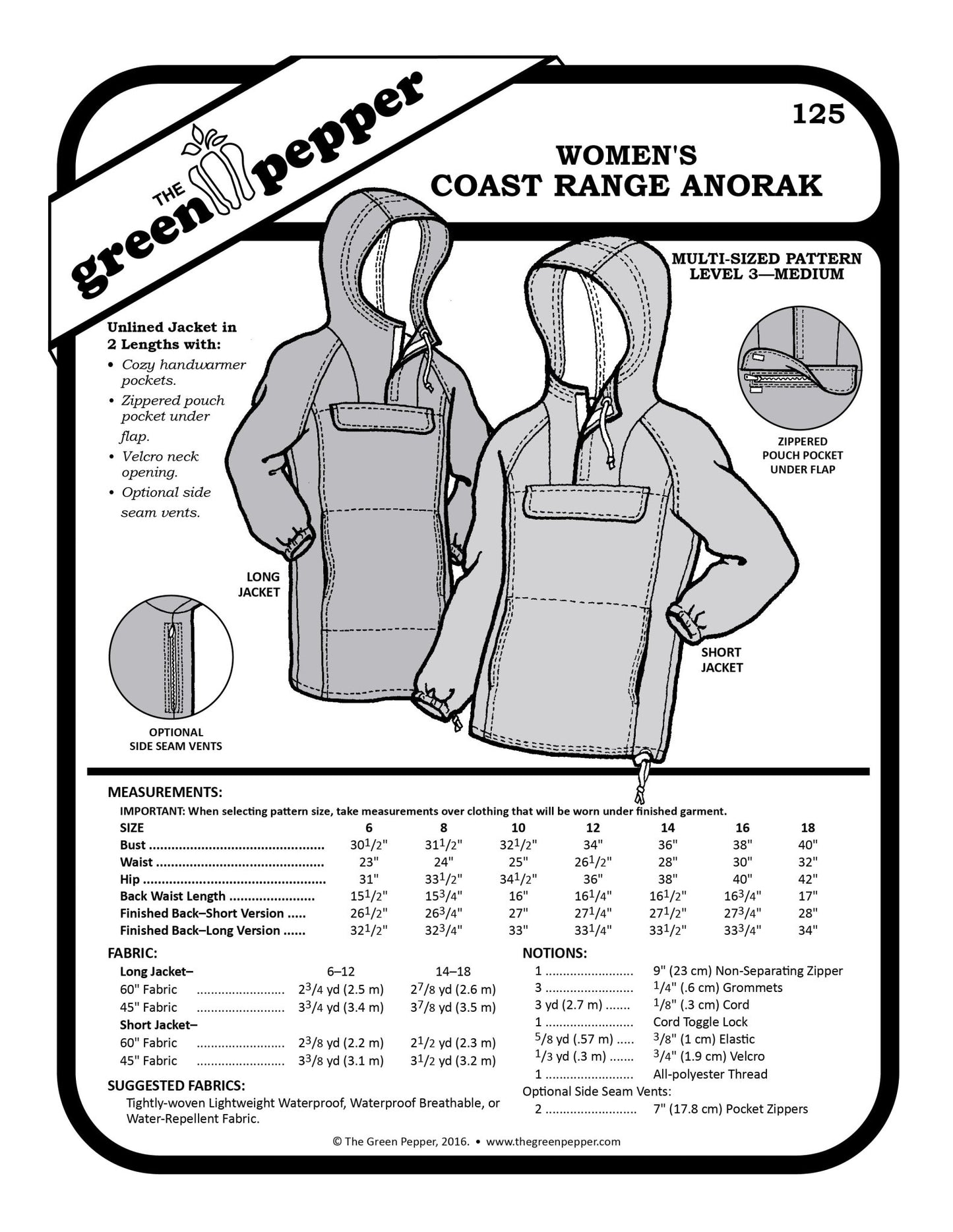 Women's Coast Range Anorak Jacket PDF Pattern - 125 - The Green Pepper Patterns - Simplifi Fabric