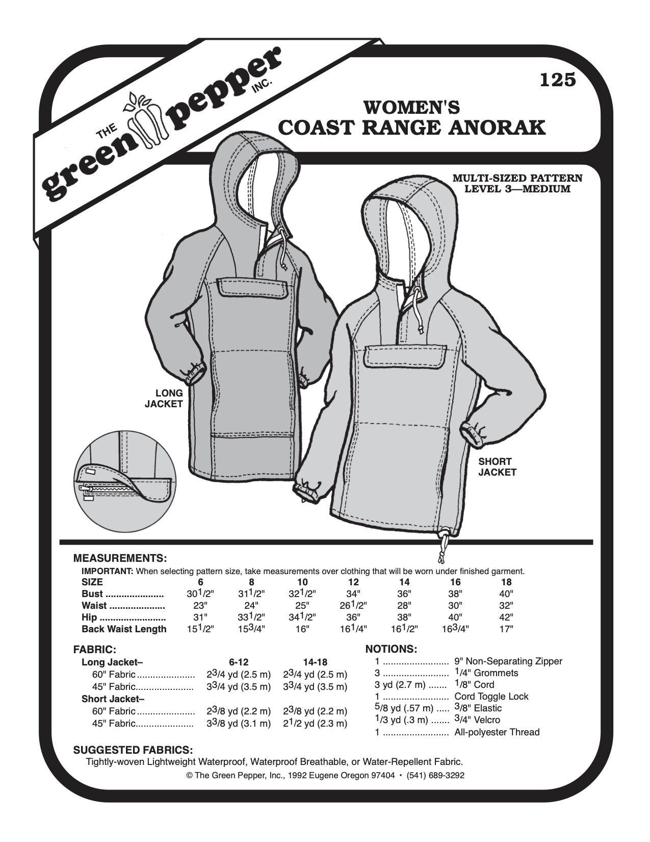 Women’s Coast Range Anorak Pattern - 125 - The Green Pepper Patterns - Simplifi Fabric