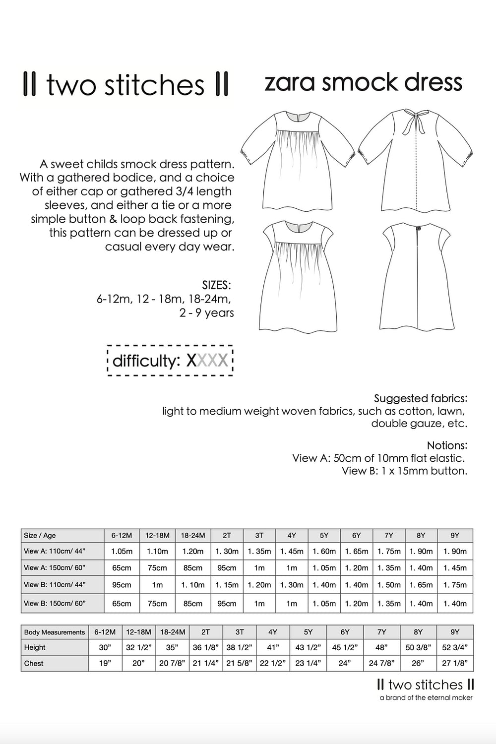 Zara Smock Dress - Kids Paper Sewing Pattern - Two Stitches Patterns - Simplifi Fabric