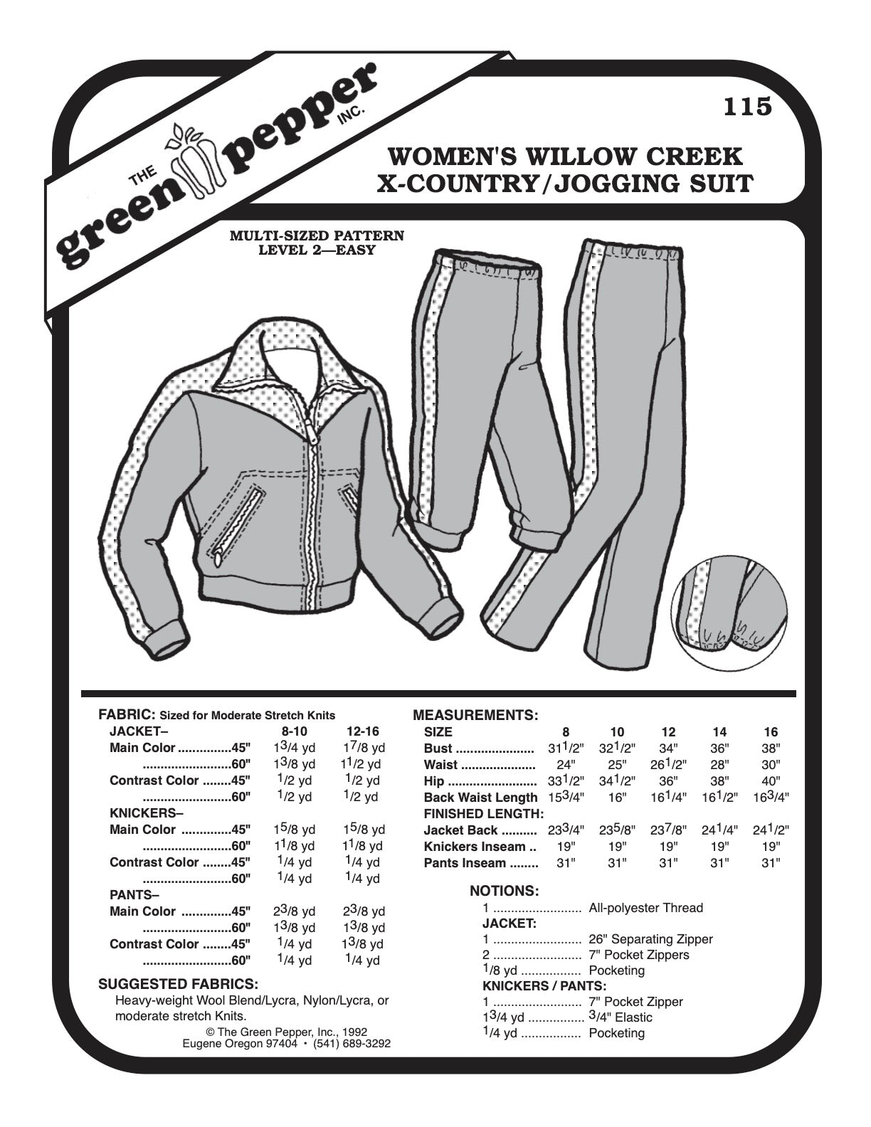 Women’s Cross Country or Jogging Suit Pattern - 115 - The Green Pepper Patterns