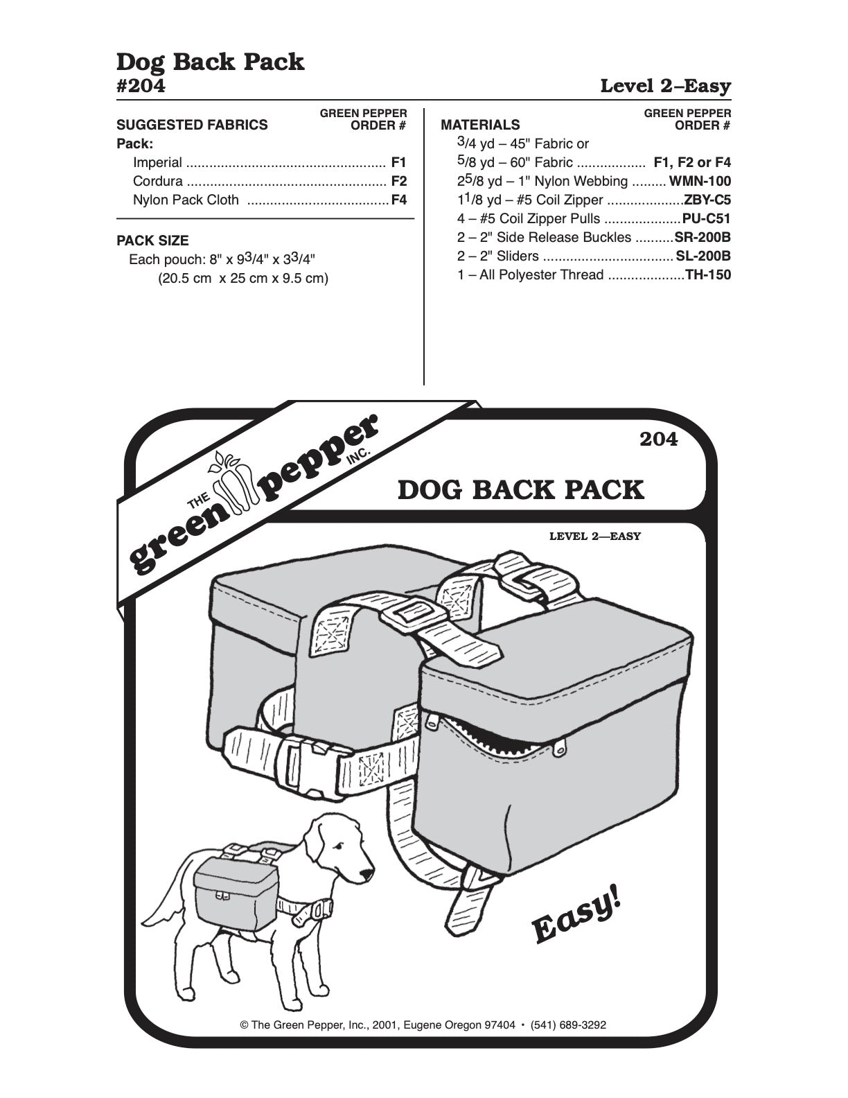 Dog Back Pack Pattern - 204 - The Green Pepper Patterns