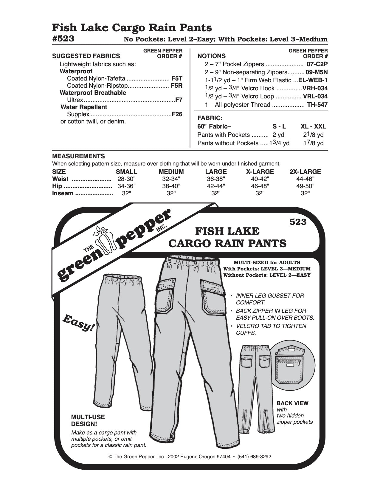 Adult’s Fish Lake Cargo Rain Pants Pattern - 523 - The Green Pepper Patterns