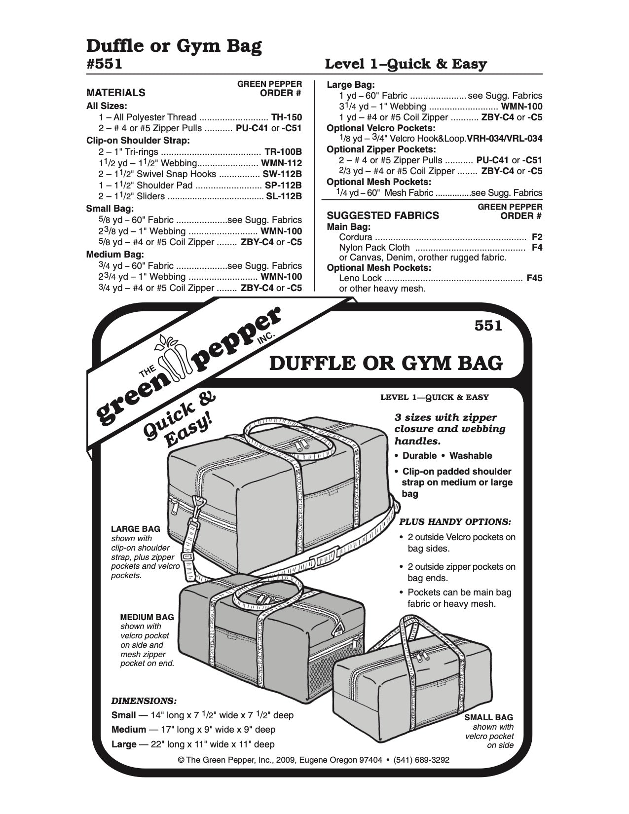 Duffle or Gym Bag Pattern - 551 - The Green Pepper Patterns