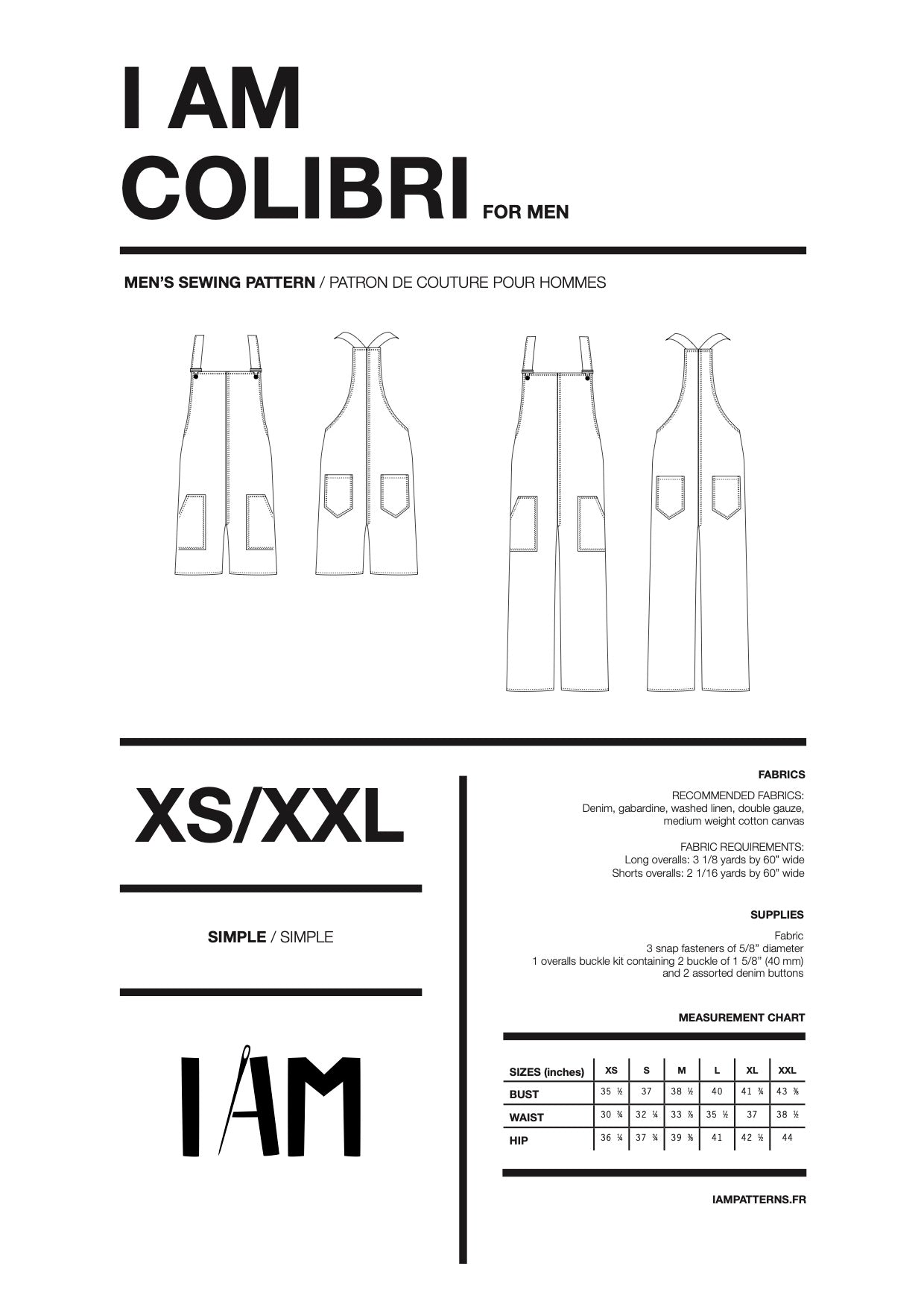 I am COLIBRI (Mens) - Classic Overalls Pattern -  I AM PATTERNS