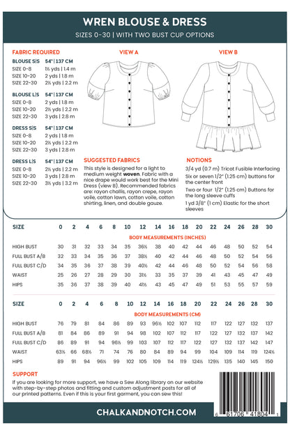 Wren Blouse/Mini-Dress Pattern - Chalk + Notch